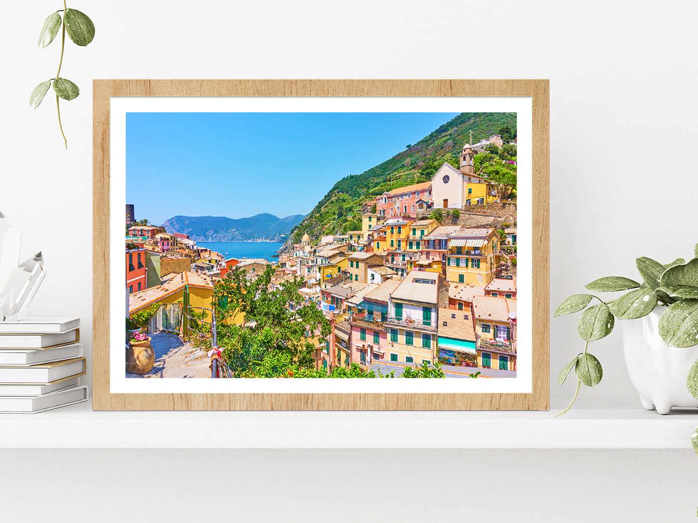 Vernazza Town By The Sea In Italy Glass Framed Wall Art, Ready to Hang Quality Print With White Border Oak