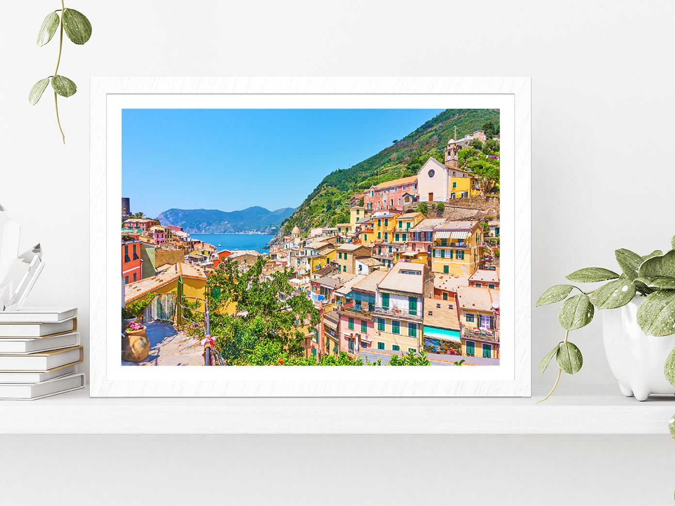 Vernazza Town By The Sea In Italy Glass Framed Wall Art, Ready to Hang Quality Print With White Border White