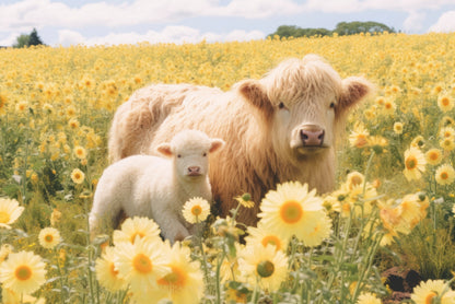 Two Baby Cows Standing In a Field Of Yellow Flowers Home Decor Premium Quality Poster Print Choose Your Sizes