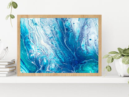 Blue Abstract Acrylic Paint Glass Framed Wall Art, Ready to Hang Quality Print Without White Border Oak