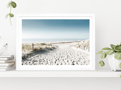 Sandy Path to Sea & Blue Sky Faded Photograph Glass Framed Wall Art, Ready to Hang Quality Print With White Border White