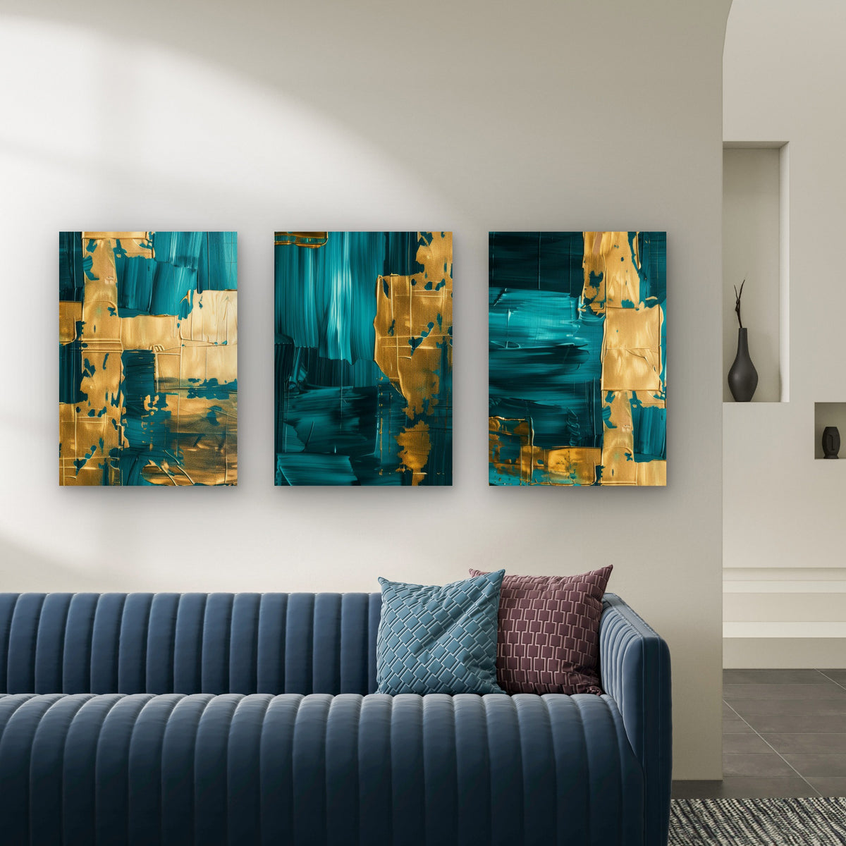 3pcs Abstract Teal Deep Turquoise Gold Wall Art Set Canvas Framed 60x90cm - High Quality Print 100% Australian Made Wall Canvas Ready to Hang