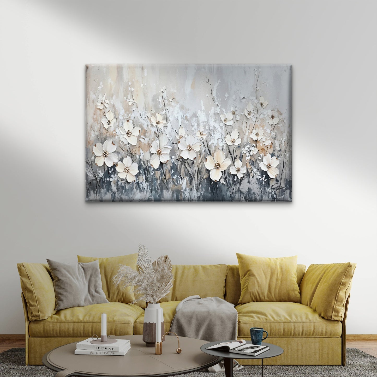 White Flowers in Grey Meadow Wall Art Decor 100% Australian Made