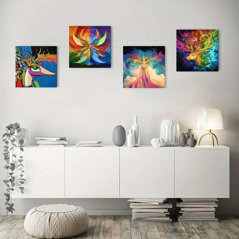 4pcs Vibrant Deer & Floral Wall Art Canvas Framed