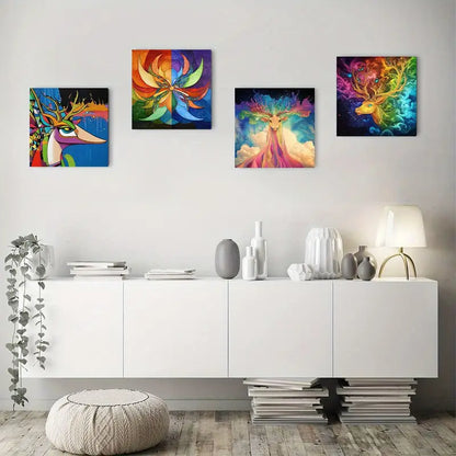 4pcs Vibrant Deer & Floral Wall Art Canvas Framed