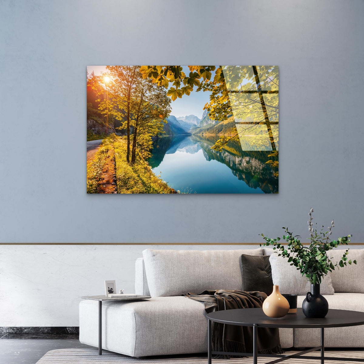 Alpine Mountain Lake Golden Autumn Acrylic Glass Printing Wall Art Australian Made Quality
