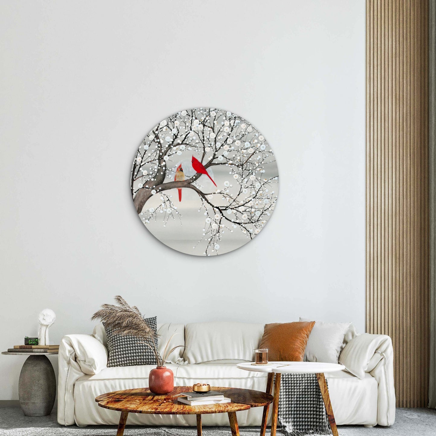 Grey White Flower Blossoming Red Bird Couple Acrylic Glass Rounded Print Tempered Glass Wall Art 100% Made in Australia Ready to Hang