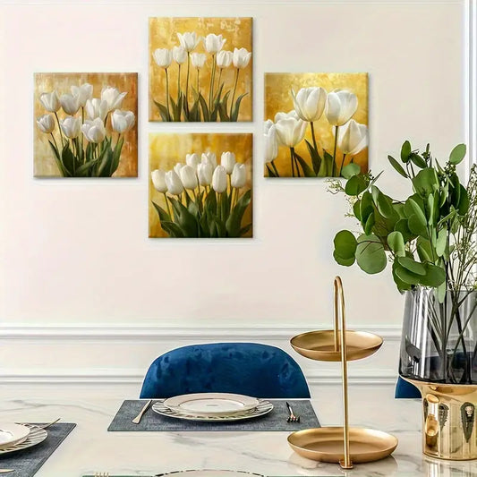 4pcs  Green Leaf Art Prints, Flower Bouquet  Wall Art Canvas Framed