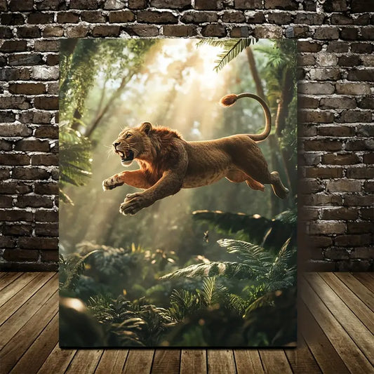 Lion Jumping in Jungle Golden Hour Scene 40x60cm Metal Print Ready to Hang