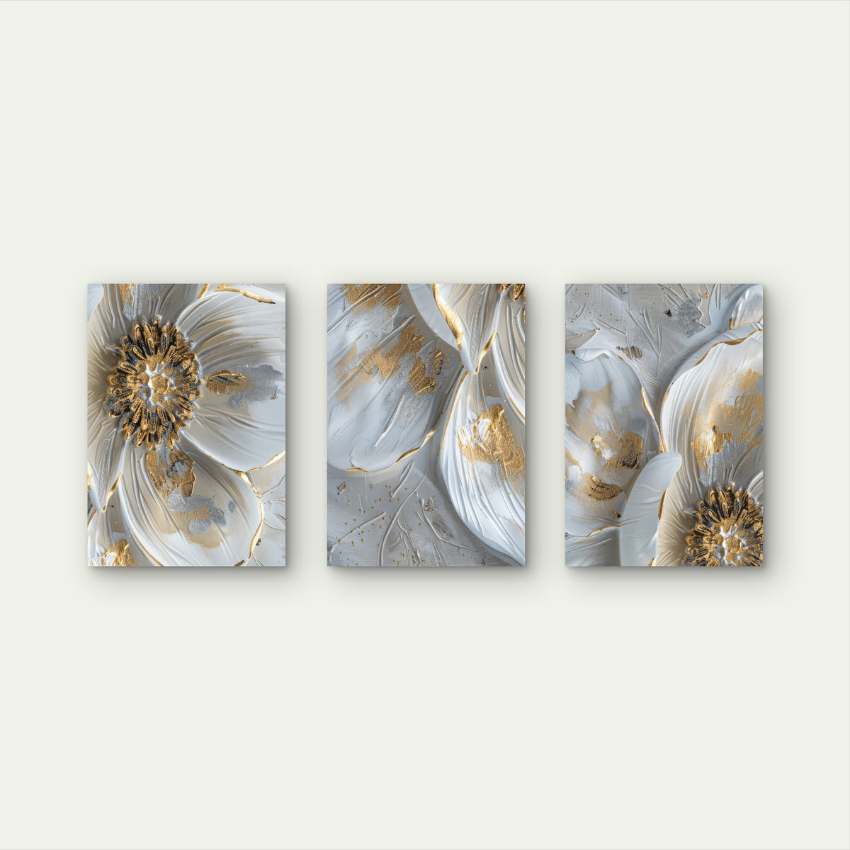 3pcs White Gold Floral Abstract Painting Wall Art Set Canvas Framed 60x90cm - High Quality Print 100% Australian Made Wall Canvas Ready to Hang