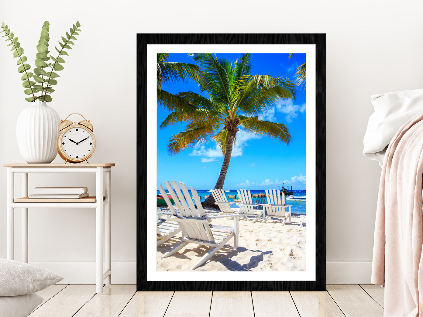 Palm Tree & Beach Chairs on Saona Island View Glass Framed Wall Art, Ready to Hang Quality Print With White Border Black