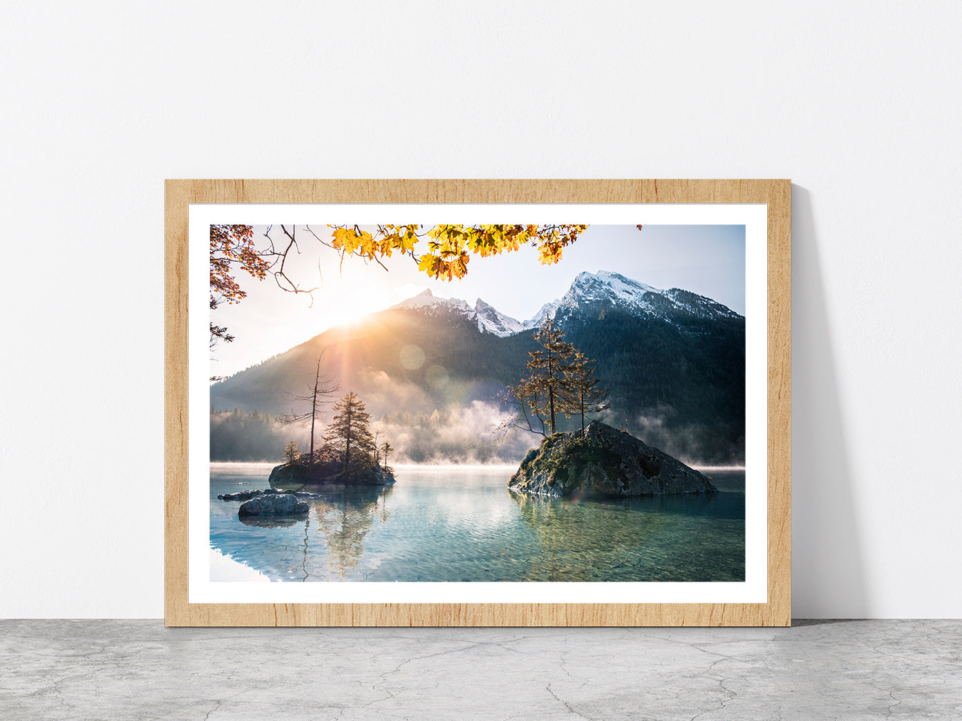 Islands At Hintersee Foggy Day Glass Framed Wall Art, Ready to Hang Quality Print With White Border Oak