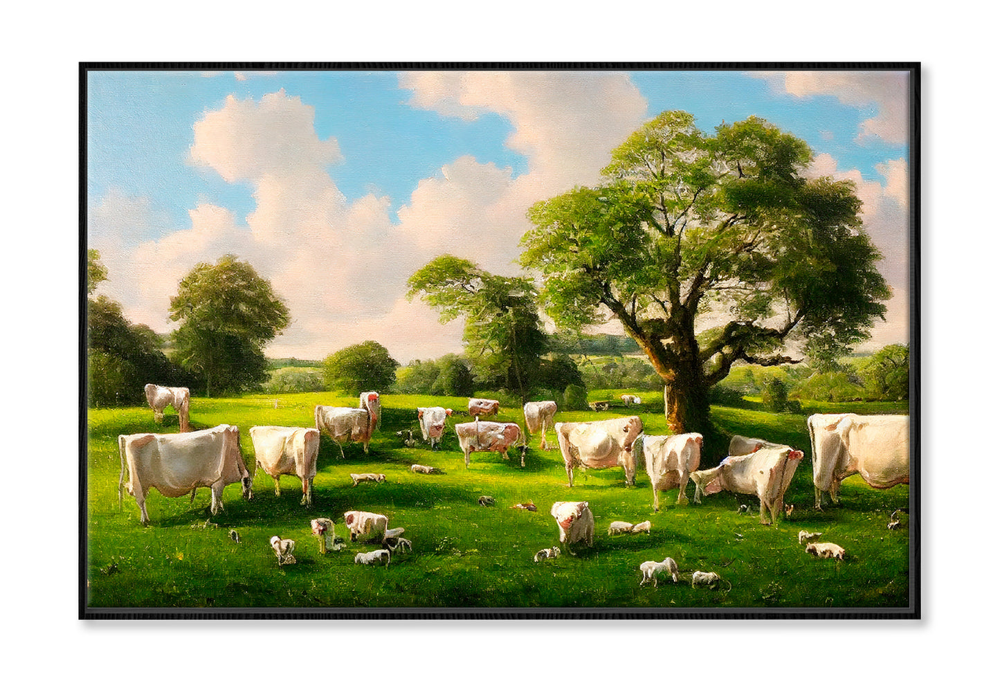 Countryside In Summer With Dairy Cows Eating In The Shade Of A Tree Oil Painting Limited Edition High Quality Print Canvas Box Framed Black