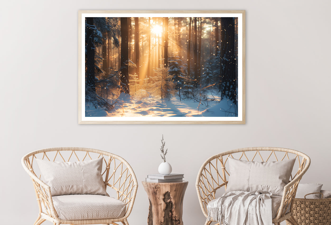 Snowy Forest with Trees through Sunlight Home Decor Premium Quality Poster Print Choose Your Sizes