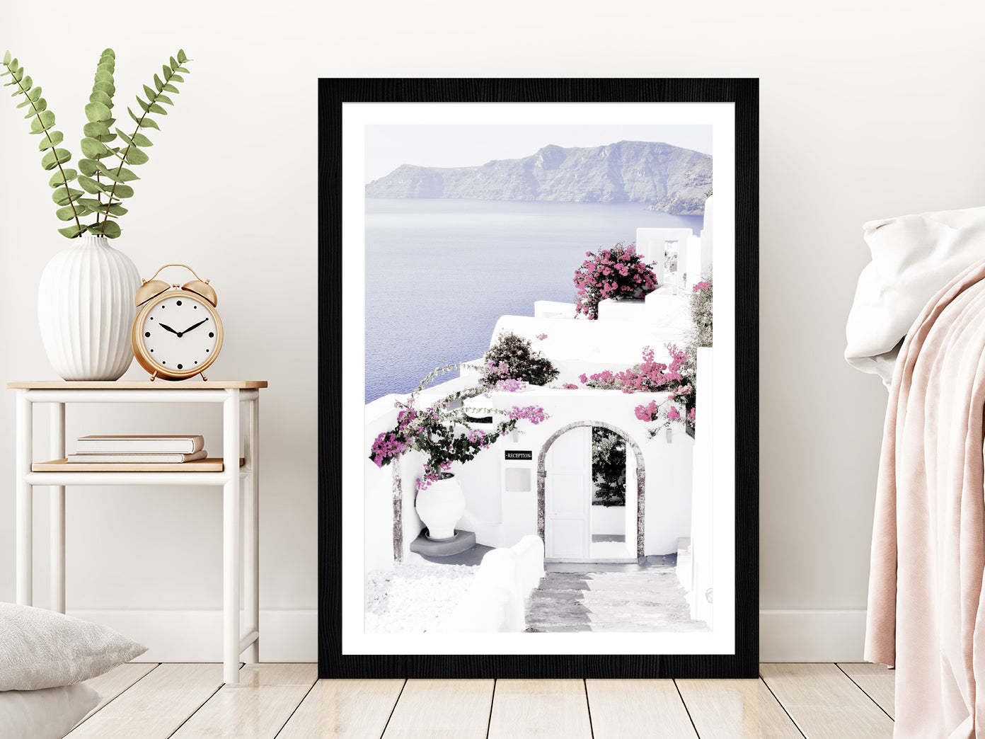 Houses & Flower Trees near Sea Photograph Glass Framed Wall Art, Ready to Hang Quality Print With White Border Black