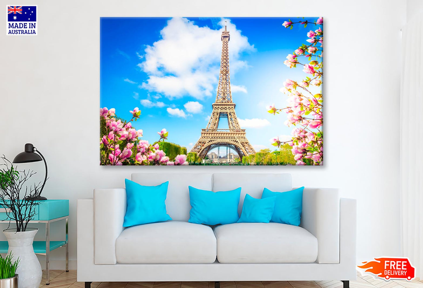 Eiffel Tower In Paris with Pink Flowers Wall Art Decor 100% Australian Made