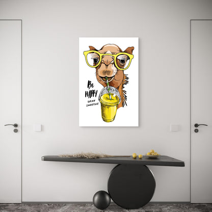 Happy Camel Yellow Glasses Smoothie 60x90cm Metal Print Ready to Hang