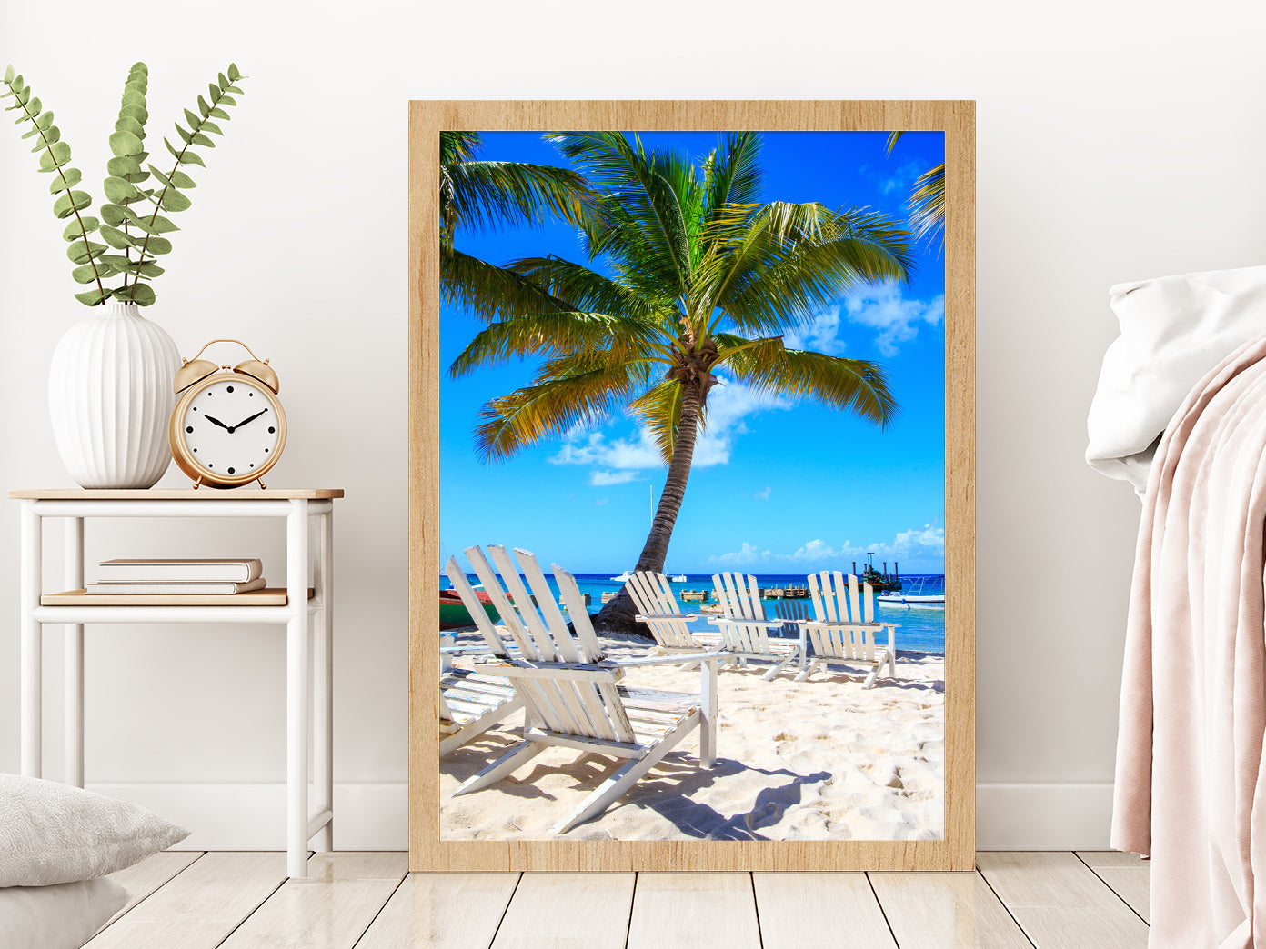 Palm Tree & Beach Chairs on Saona Island View Glass Framed Wall Art, Ready to Hang Quality Print Without White Border Oak