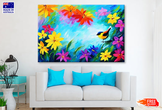 Bird & Spring Colorful Flowers Oil Painting Wall Art Limited Edition High Quality Print