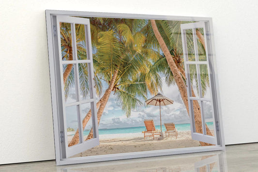 Beach Scenery, Palms and Sun Beds Acrylic Glass Print Tempered Glass Wall Art 100% Made in Australia Ready to Hang