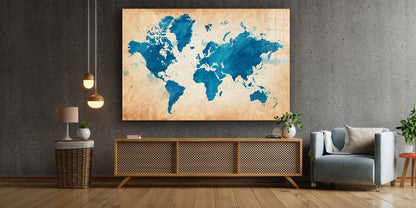 Blue World Map Vector UV Direct Aluminum Print Australian Made Quality