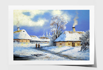 Old Village Houses & Church in Winter Oil Painting Wall Art Limited Edition High Quality Print Unframed Roll Canvas None