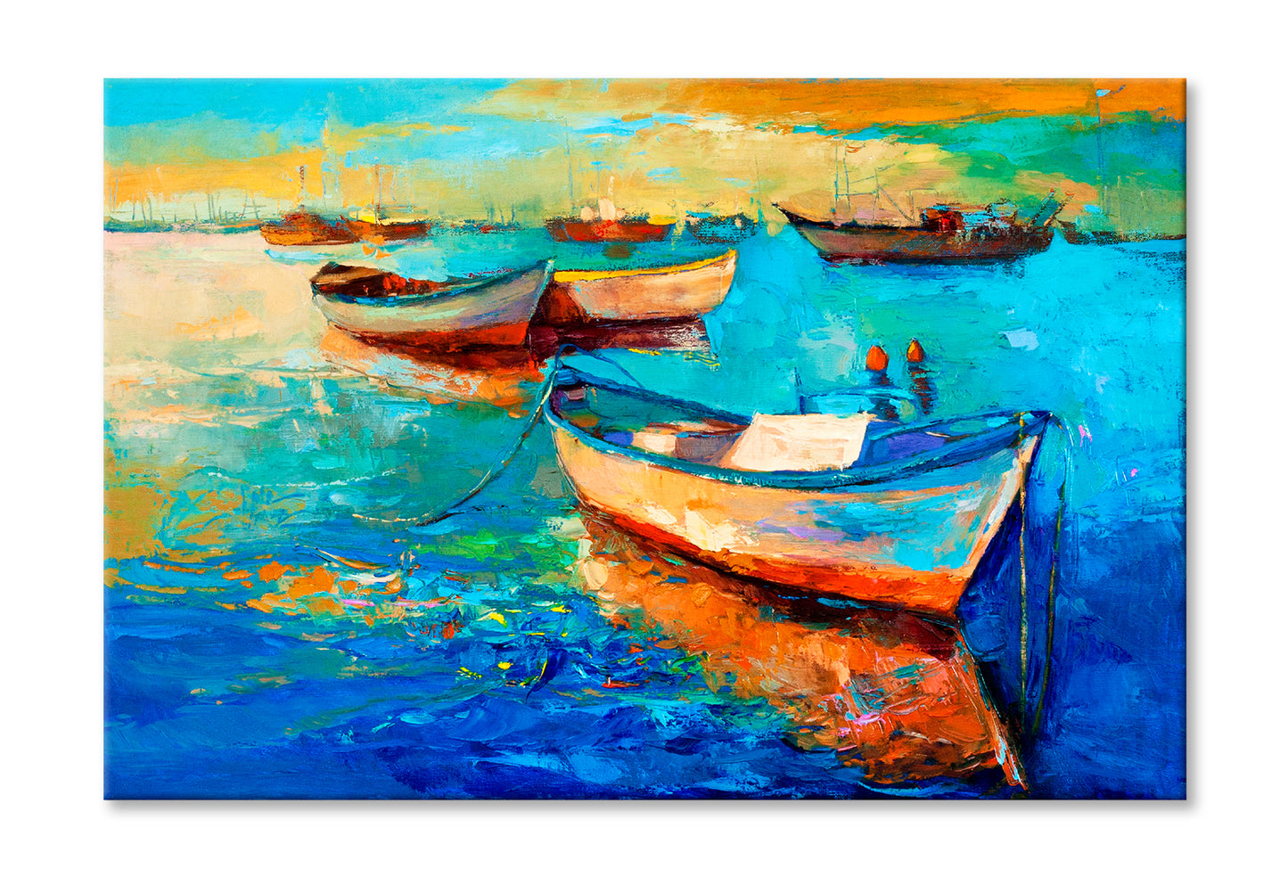 Boats On Sea & Sunset Over The Sea Painting Wall Art Limited Edition High Quality Print Stretched Canvas None