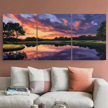 3pcs Vibrant Sunset Golf Course Painting Metal Print Ready to Hang Art
