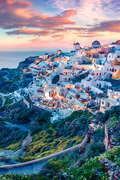 Oia Village Evening Lights Santorini Aegean Sea Wall Art Decor 100% Australian Made