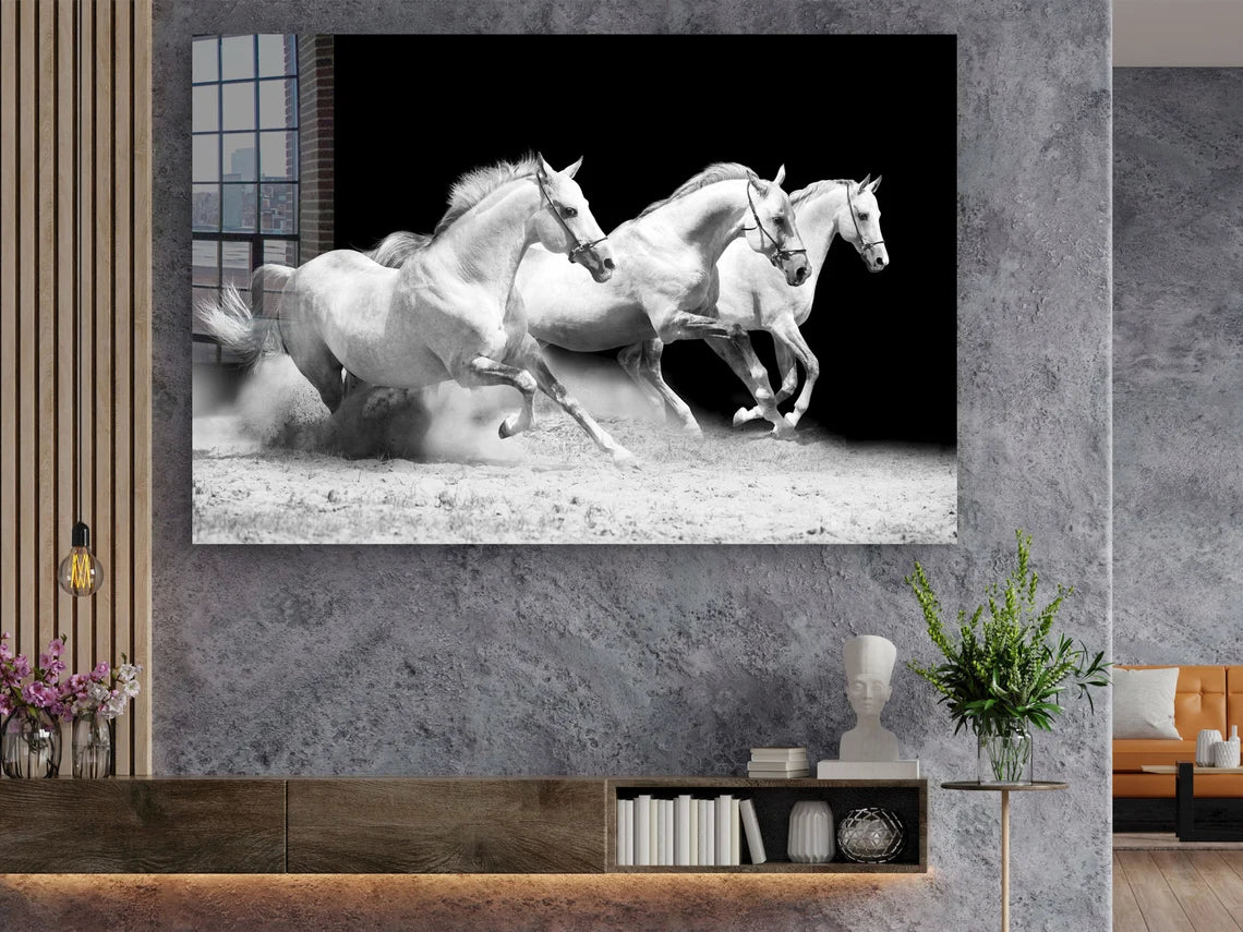 Running Horses B&W View UV Direct Aluminum Print Australian Made Quality