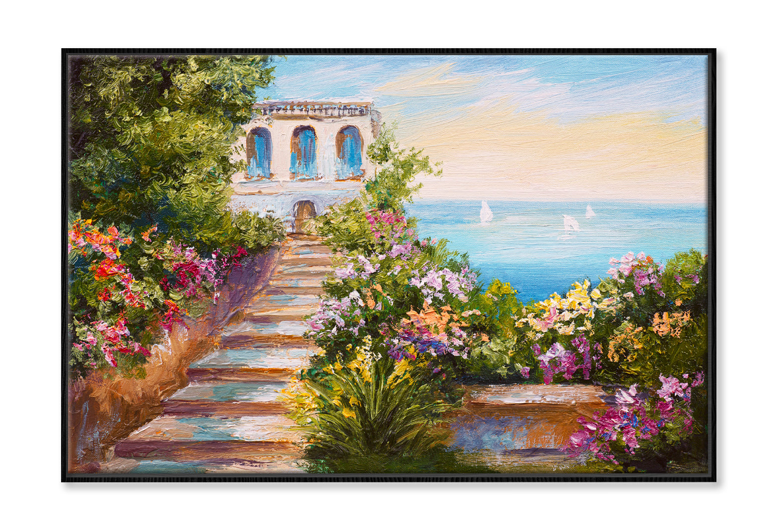 House near the Sea & Colorful Flowers Oil Painting Wall Art Limited Edition High Quality Print Canvas Box Framed Black