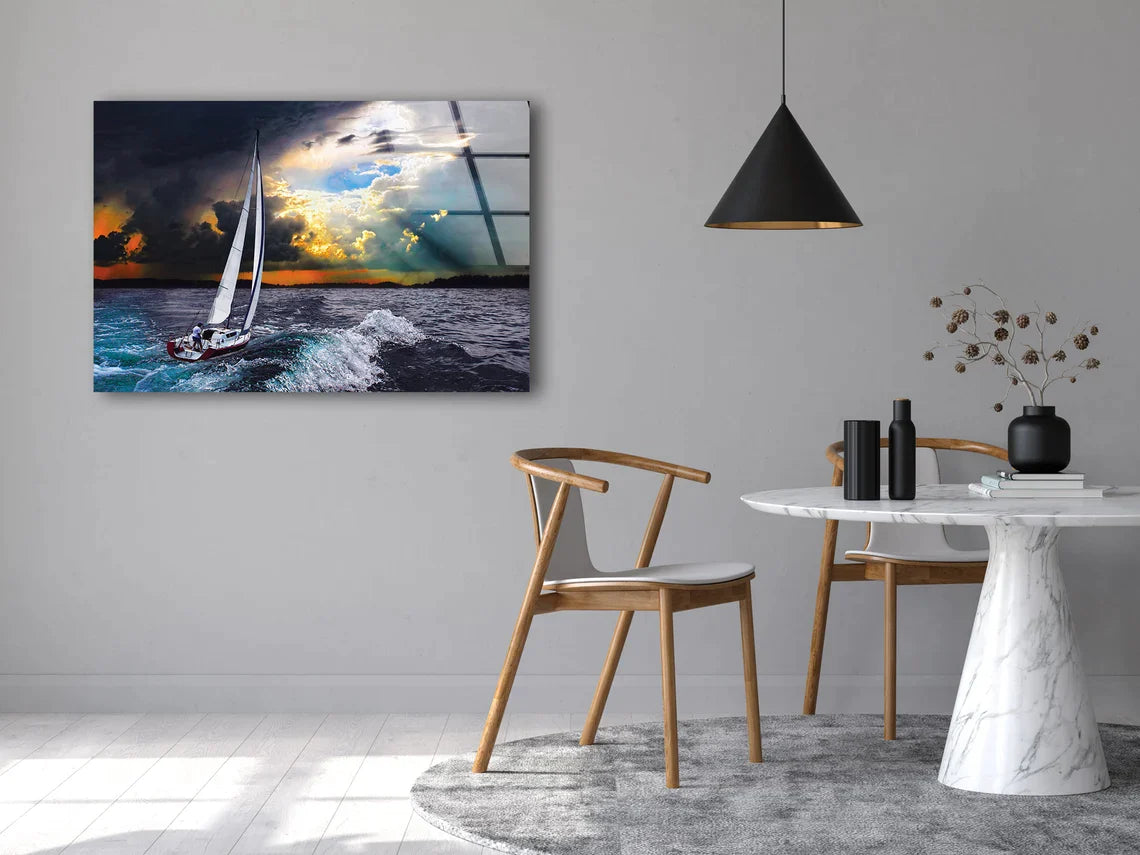 Boat on Sea Cloudy Sky UV Direct Aluminum Print Australian Made Quality