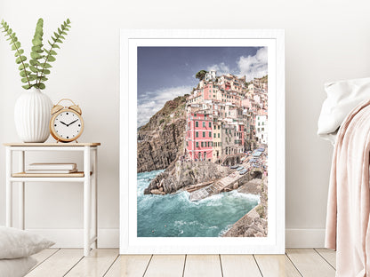 Cinque Terre City & Coastal View Photograph Glass Framed Wall Art, Ready to Hang Quality Print With White Border White