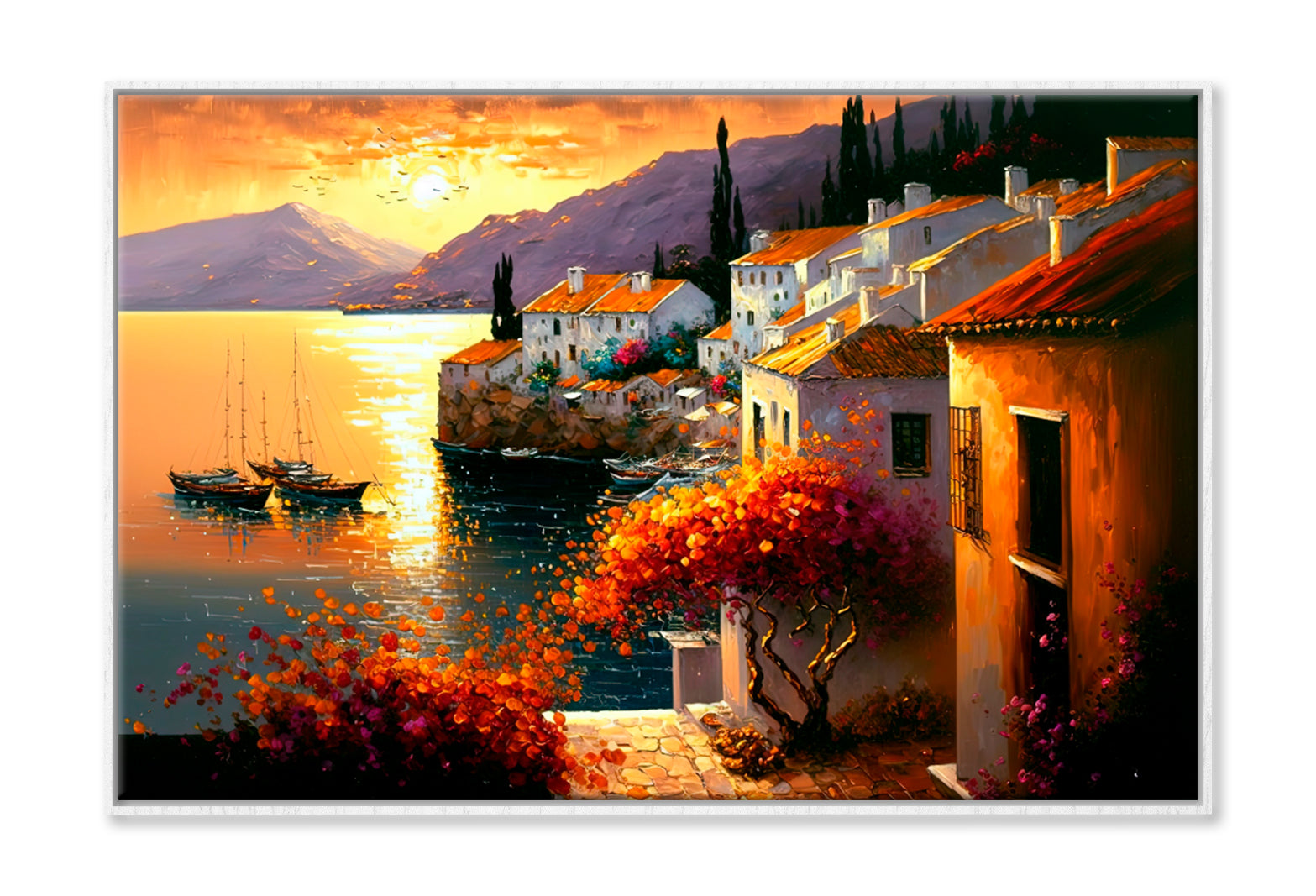 Cityscape With Ocean View Oil Painting Wall Art Limited Edition High Quality Print Canvas Box Framed White