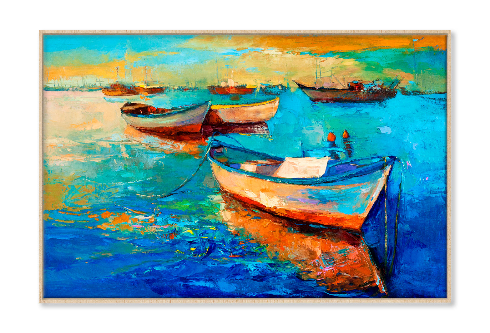 Boats On Sea & Sunset Over The Sea Painting Wall Art Limited Edition High Quality Print Canvas Box Framed Natural