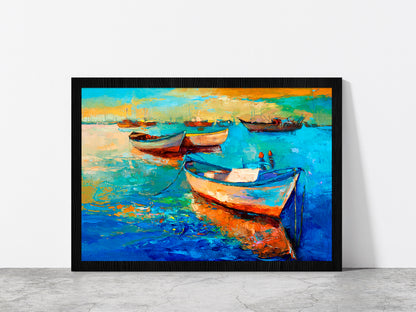 Boats On Sea & Sunset Over The Sea Painting Glass Framed Wall Art, Ready to Hang Quality Print Without White Border Black