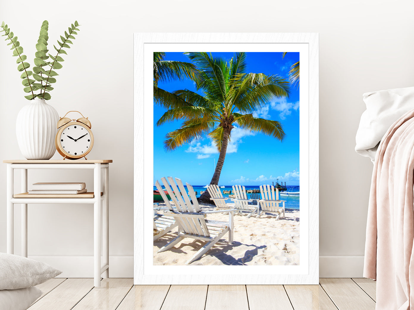 Palm Tree & Beach Chairs on Saona Island View Glass Framed Wall Art, Ready to Hang Quality Print With White Border White