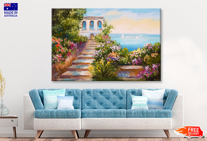 House near the Sea & Colorful Flowers Oil Painting Wall Art Limited Edition High Quality Print