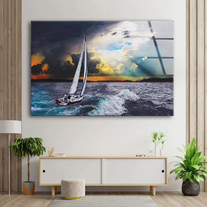 Boat on Sea Cloudy Sky UV Direct Aluminum Print Australian Made Quality