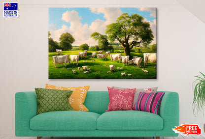 Countryside In Summer With Dairy Cows Eating In The Shade Of A Tree Oil Painting Limited Edition High Quality Print