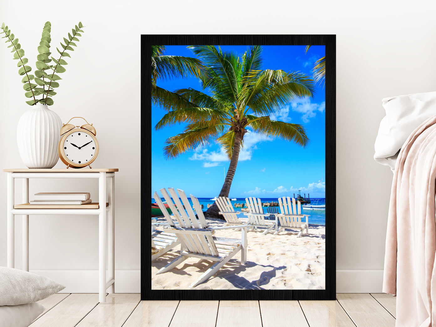 Palm Tree & Beach Chairs on Saona Island View Glass Framed Wall Art, Ready to Hang Quality Print Without White Border Black