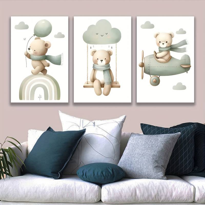 3pcs Charming Cloud Swing an Adorable Bear Framed 50x70cm - High Quality Print 100% Australian Made Wall Canvas Ready to Hang