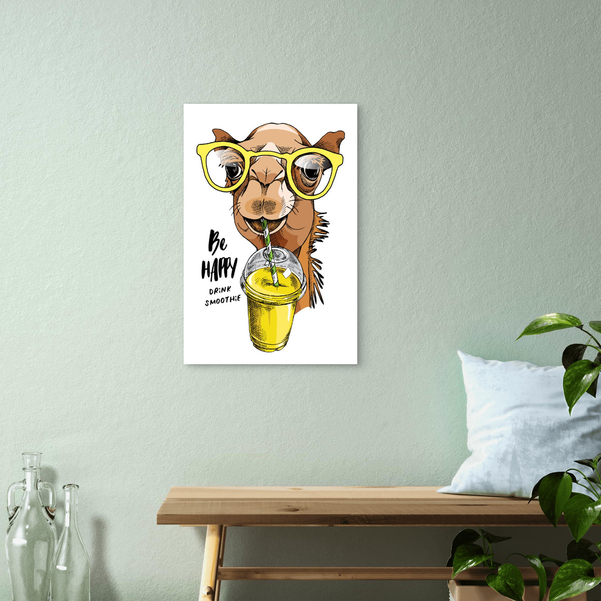 Happy Camel Yellow Glasses Smoothie 60x90cm Metal Print Ready to Hang