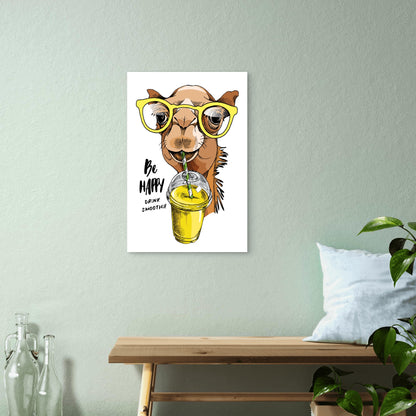 Happy Camel Yellow Glasses Smoothie 60x90cm Metal Print Ready to Hang