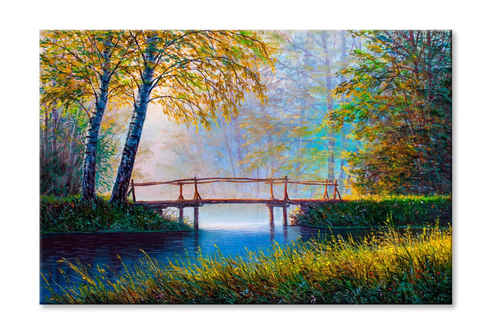 Forest River Bridge View Oil Painting Wall Art Limited Edition High Quality Print Stretched Canvas None