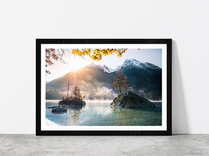 Islands At Hintersee Foggy Day Glass Framed Wall Art, Ready to Hang Quality Print With White Border Black