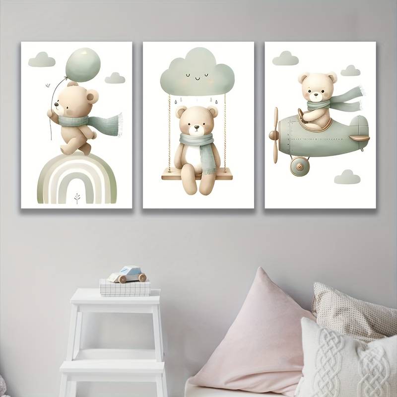 3pcs Charming Cloud Swing an Adorable Bear Framed 50x70cm - High Quality Print 100% Australian Made Wall Canvas Ready to Hang