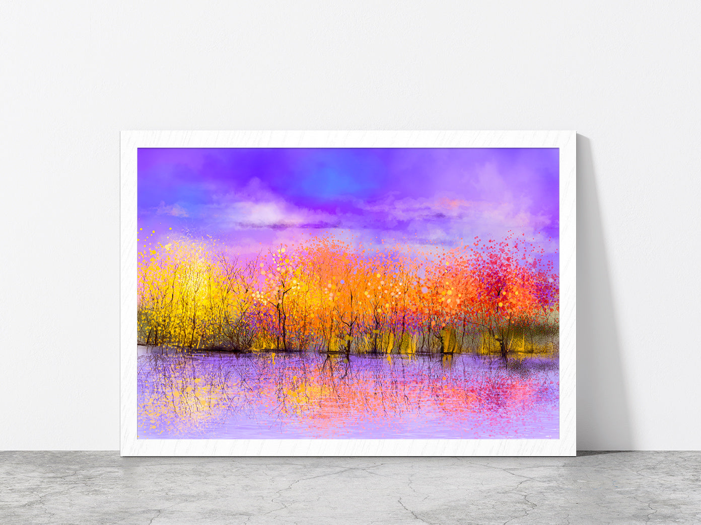 Colorful Autumn Forest, Trees With Yellow, Red Leaf & Lake Glass Framed Wall Art, Ready to Hang Quality Print Without White Border White