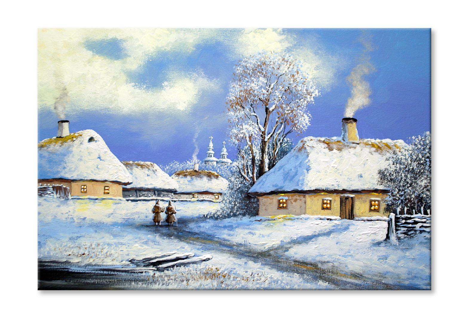 Old Village Houses & Church in Winter Oil Painting Wall Art Limited Edition High Quality Print Stretched Canvas None