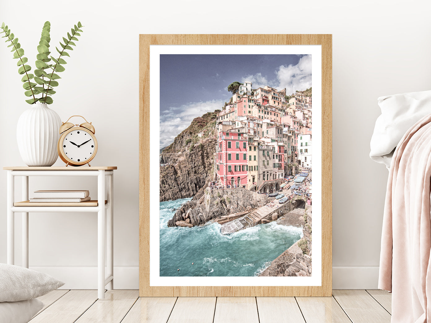 Cinque Terre City & Coastal View Photograph Glass Framed Wall Art, Ready to Hang Quality Print With White Border Oak